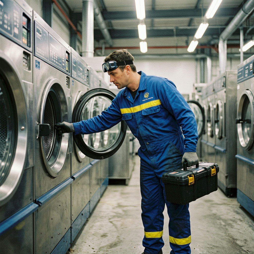 Service technician working on laundry equipment