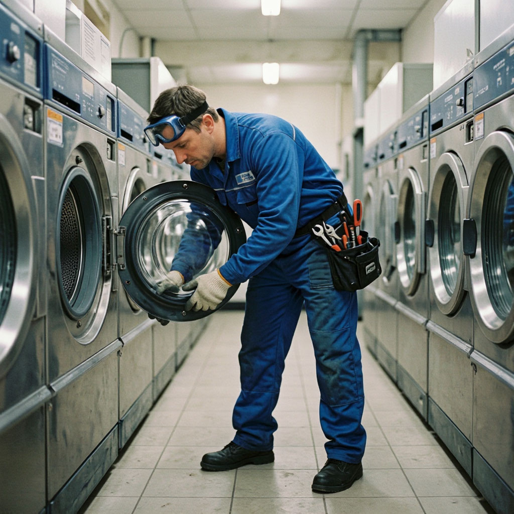 Technician working on laundry equipment