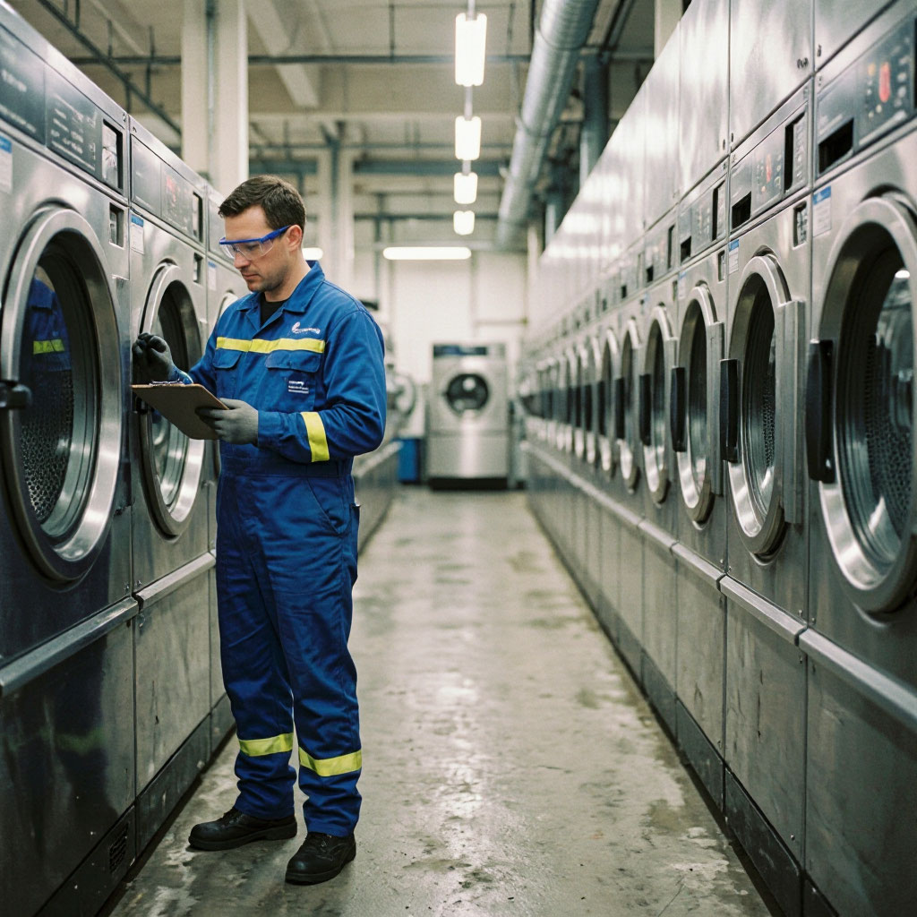 Technician inspecting a commercial laundry machine
