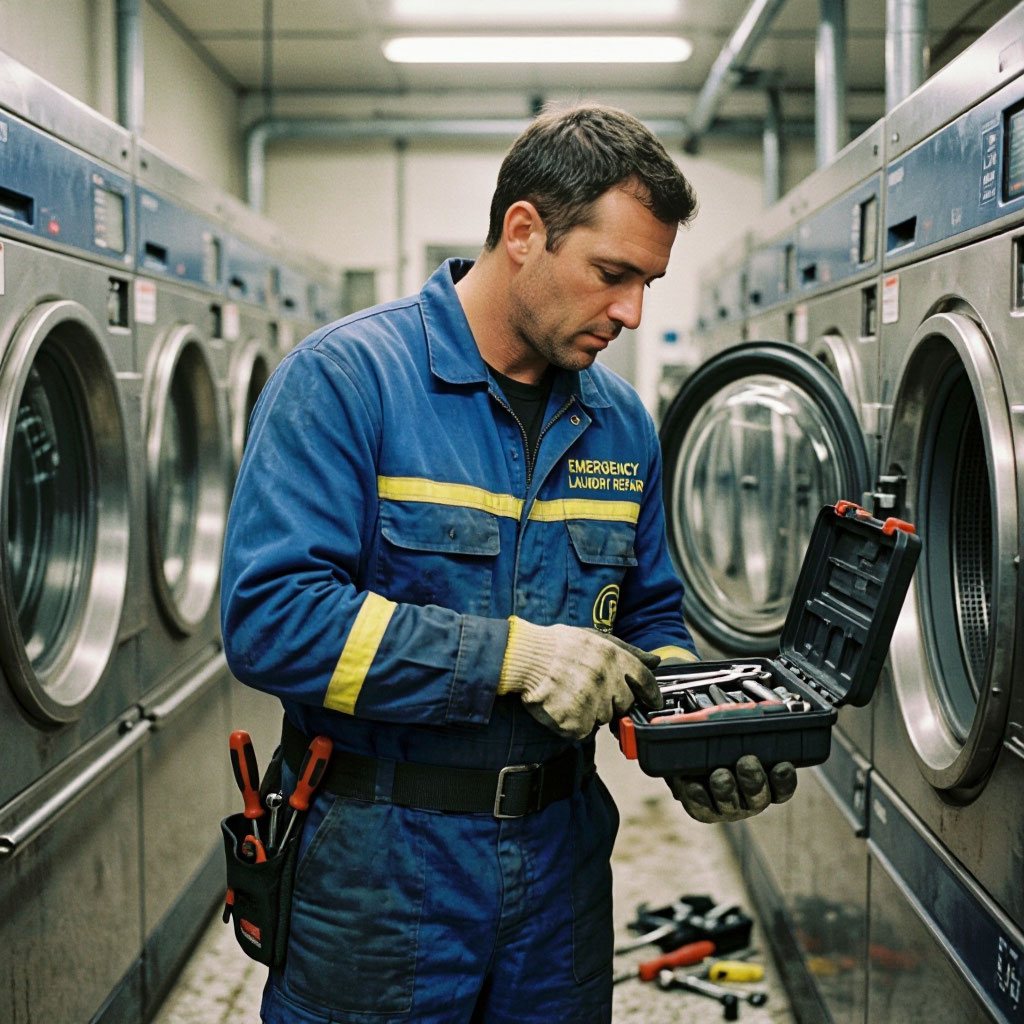 Laundry technician repairing equipment
