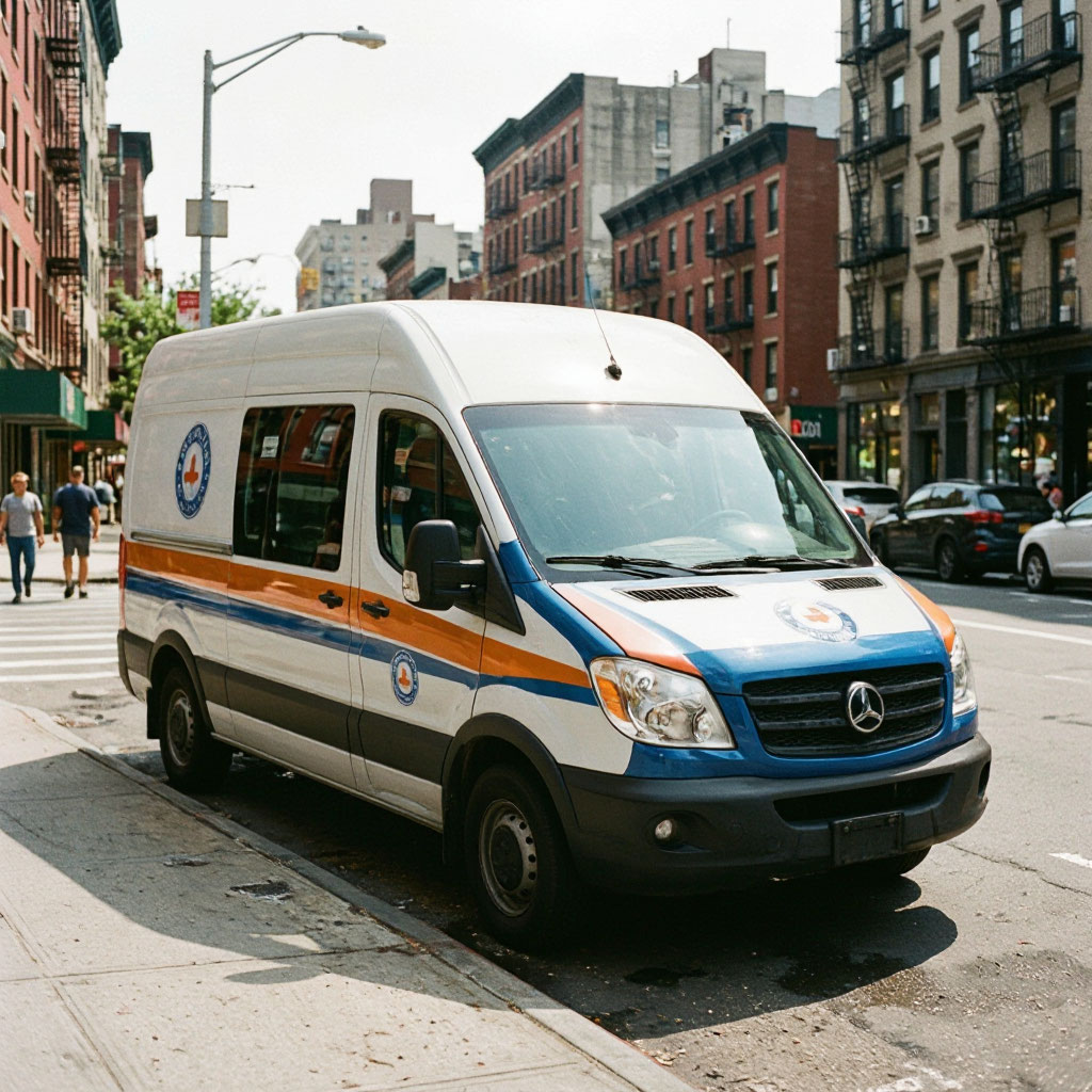 Service vehicle in a New York City neighborhood