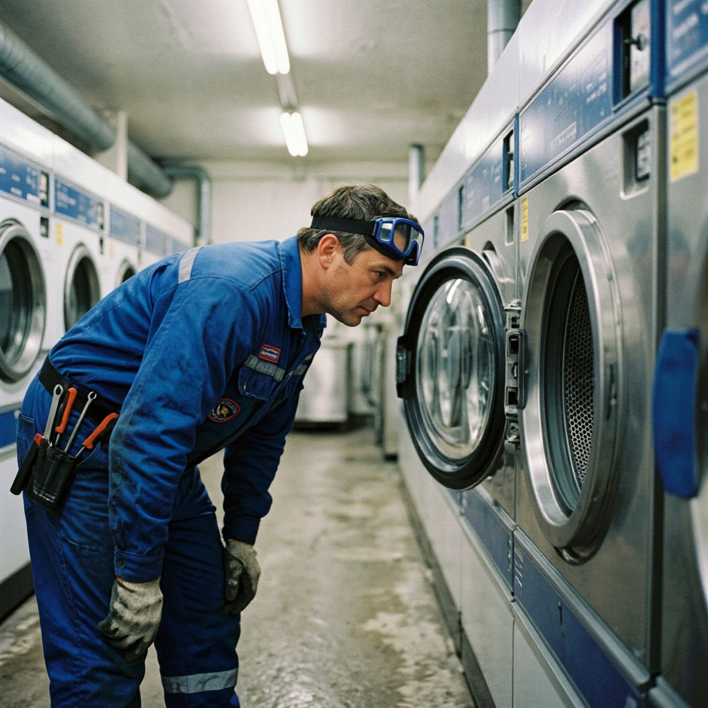 Technician servicing a commercial washing machine